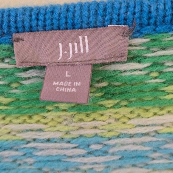 J. Jill Wool Angora Fair Isle Nordic Sweater Blue Green Size L - Picture 4 of 5